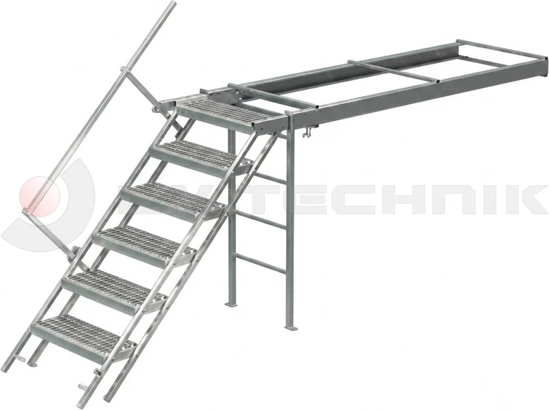 Hot galvanised pullout ladder, wide step with handrail
