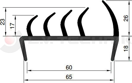 Ajtó tömítőprofil 65mm 5m fekete