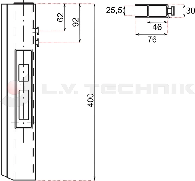 Pinned lock 400mm with ledge right