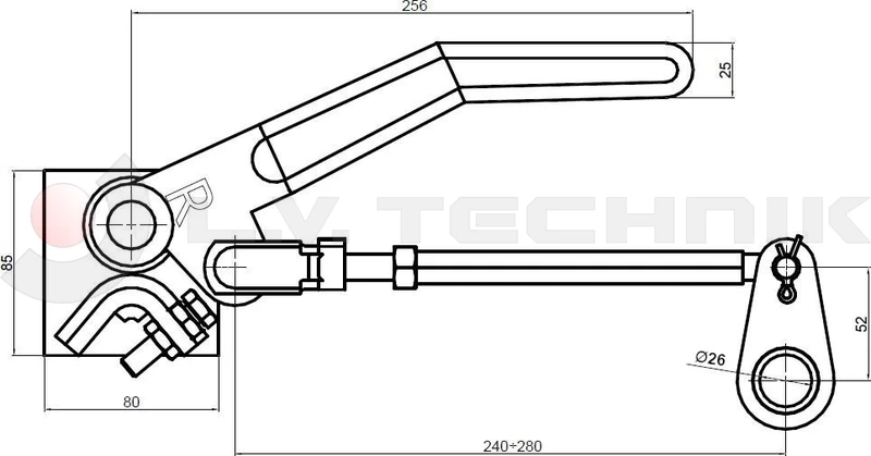 Over-center tipper lock 300mm with 26mm ring right