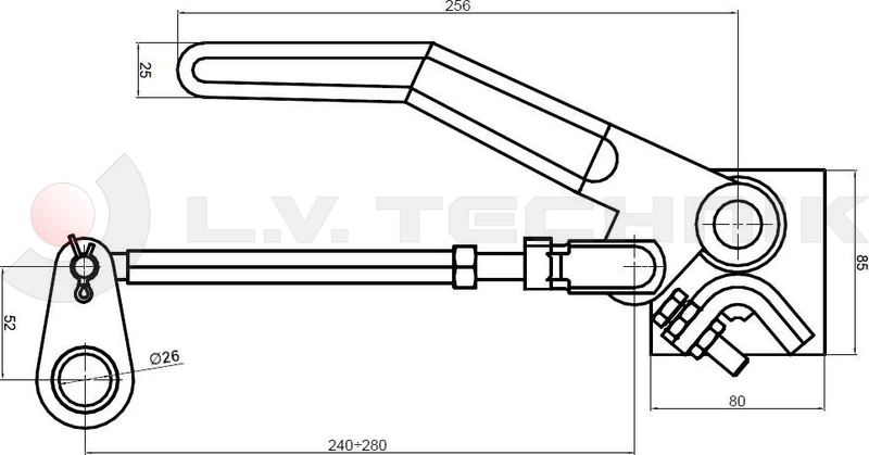 Over-center tipper lock 300mm with 26mm ring left