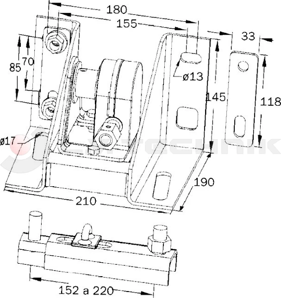 Pótkeréktartó 150-220mm kerékbázis csörlős, hajtókarral kicsi