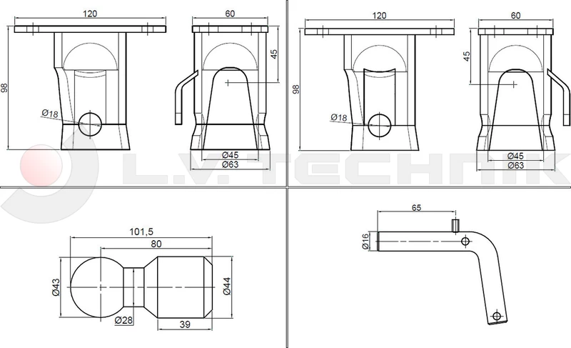 Tipping ball set 43mm horizontal 2t